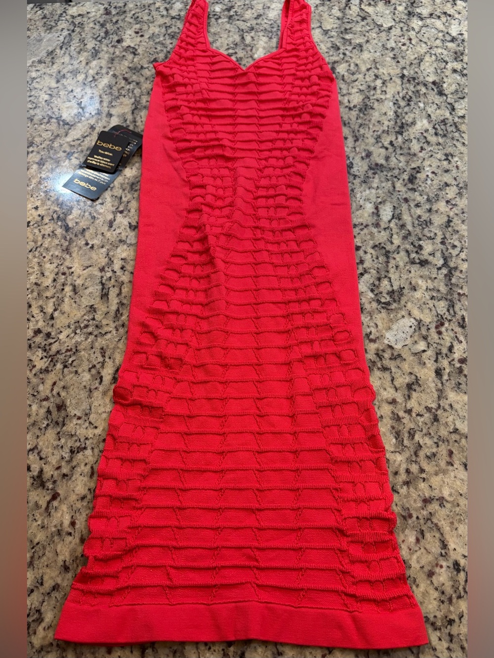 bebe Lipstick Red Textured Midi Bodycon Dress